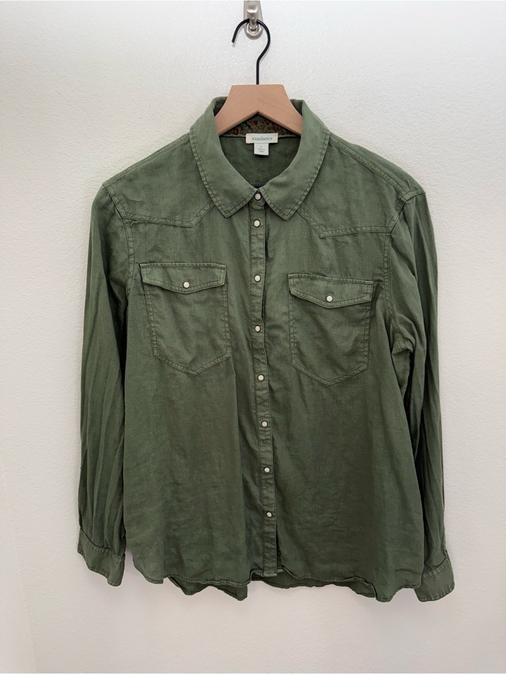Sundance Olive Army Green Cotton Button Up Collared Shirt Large Boho Cabincore